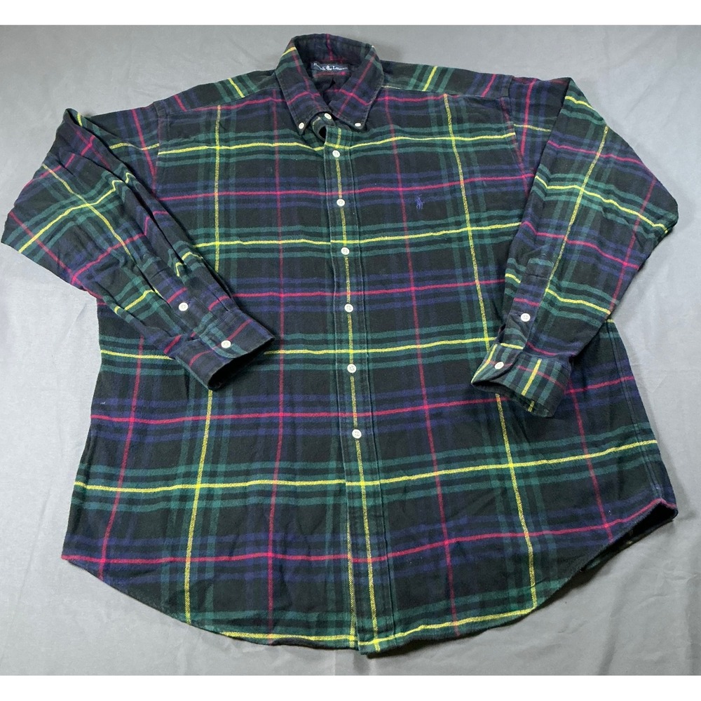 Ralph Lauren Blake Mens Large Green Plaid Flannel Button Down Shirt Cotton L